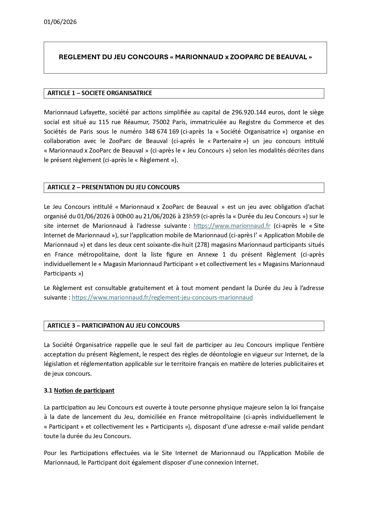 Règlement du Jeu Concours Marionnaud x ZooParc de Beauval